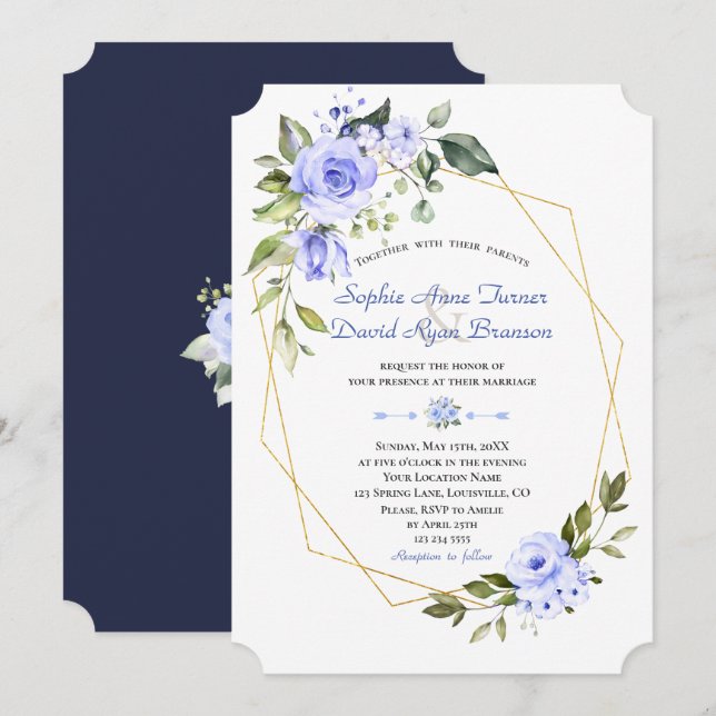Invitación Boda del marco dorado de las flores azules de colo (Anverso / Reverso)