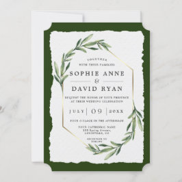 Invitación Boda del marco dorado de las hojas verdes modernas