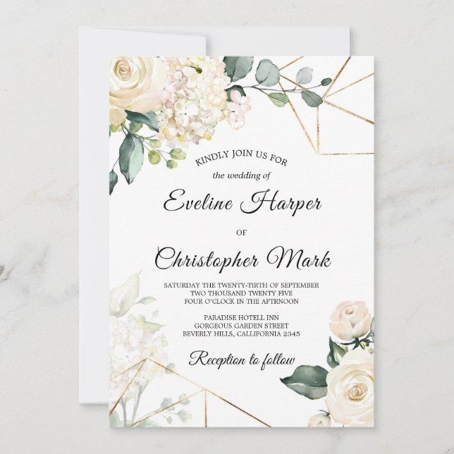 Invitación Boda del marco dorado de las rosas blancas de Boho (Anverso)