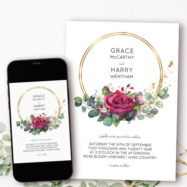 Invitación Boda del marco dorado de rosa roja y eucalipto (Elegant floral wedding invitation from my Red Rose and Eucalyptus collection)