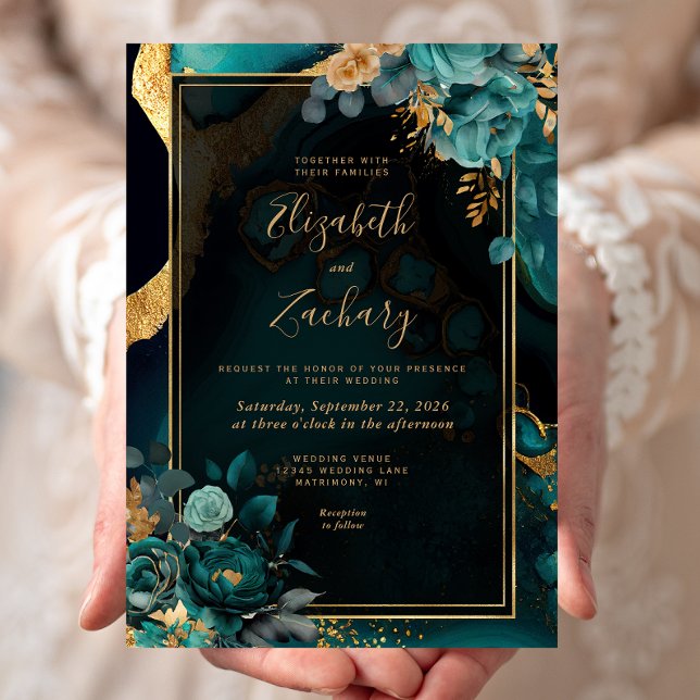 Invitación Boda del marco dorado del agate Verde azulado flor (Subido por el creador)