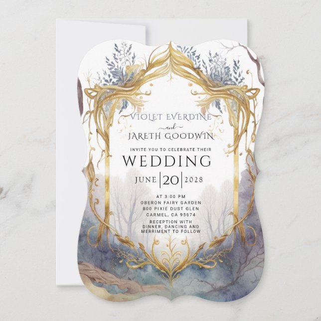 Invitación Boda del marco dorado del bosque encantado (Anverso)