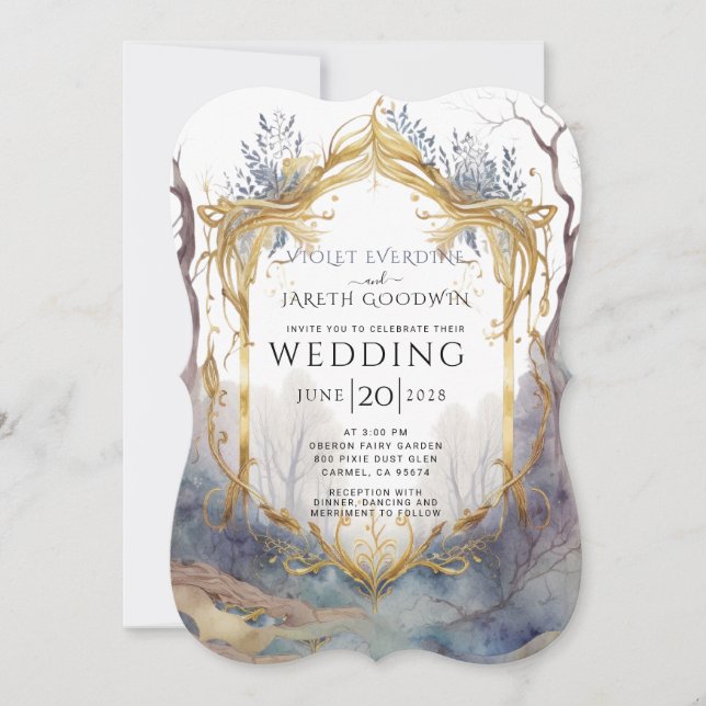 Invitación Boda del marco dorado del bosque encantado (Anverso)