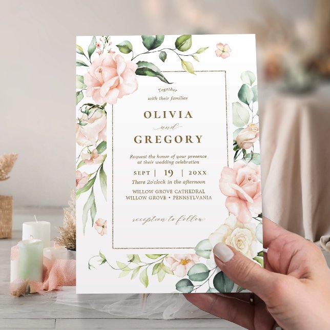 Invitación Boda del marco dorado del florecimiento rosa Rubor (Subido por el creador)