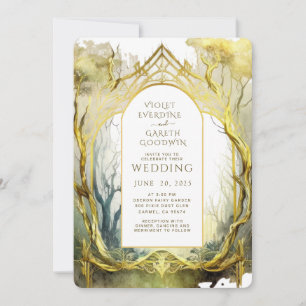 Invitación Boda del marco dorado del portal forestal encantad