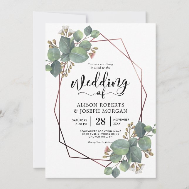 Invitación Boda del marco dorado del rosa geométrico Eucalypt (Anverso)