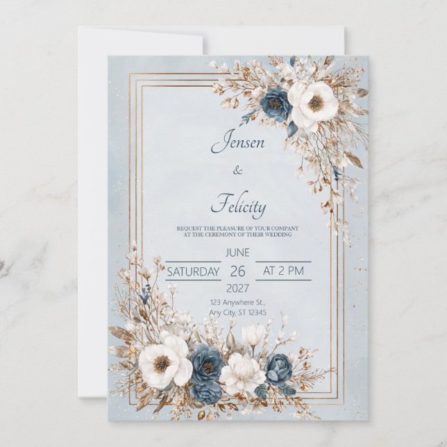 Invitación Boda del marco dorado Dusty Blue & Ivory Floral (Anverso)