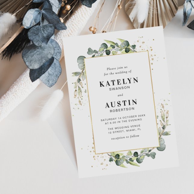 Invitación boda del marco dorado eucalipto greenerenery (Subido por el creador)