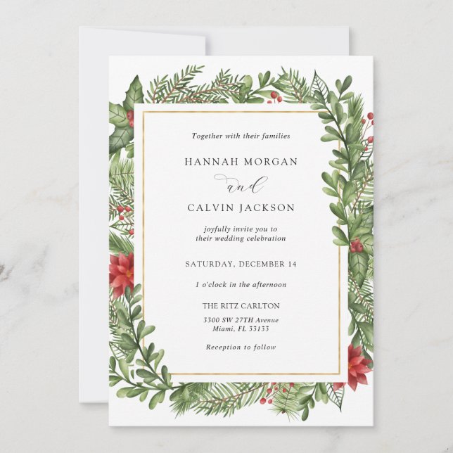 Invitación Boda del marco dorado evergreen de invierno (Anverso)
