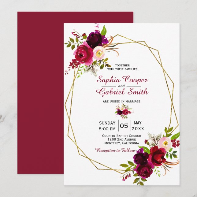 Invitación Boda del marco dorado floral de Borgoña Marsala (Anverso / Reverso)