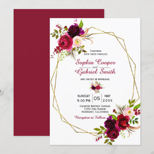 Invitación Boda del marco dorado floral de Borgoña Marsala