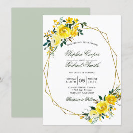 Invitación Boda del marco dorado floral de color rosa amarill