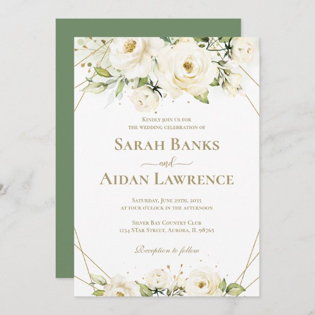 Invitación Boda del marco dorado floral de rosa blanca (Anverso / Reverso)