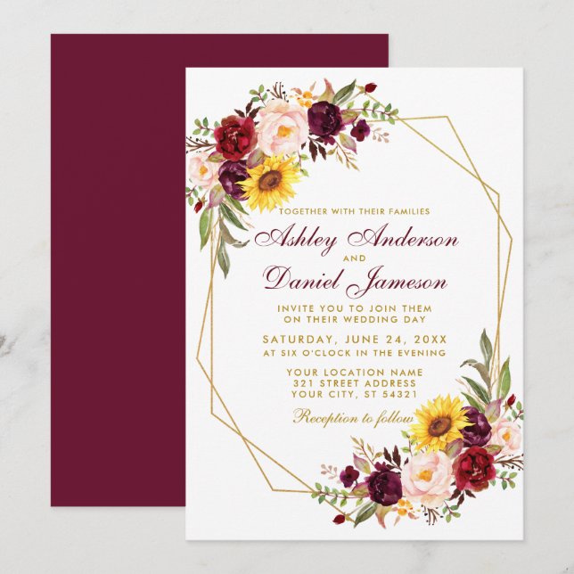 Invitación Boda del marco dorado floreado geométrico Burgundy (Anverso / Reverso)