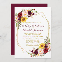 Invitación Boda del marco dorado floreado geométrico Burgundy