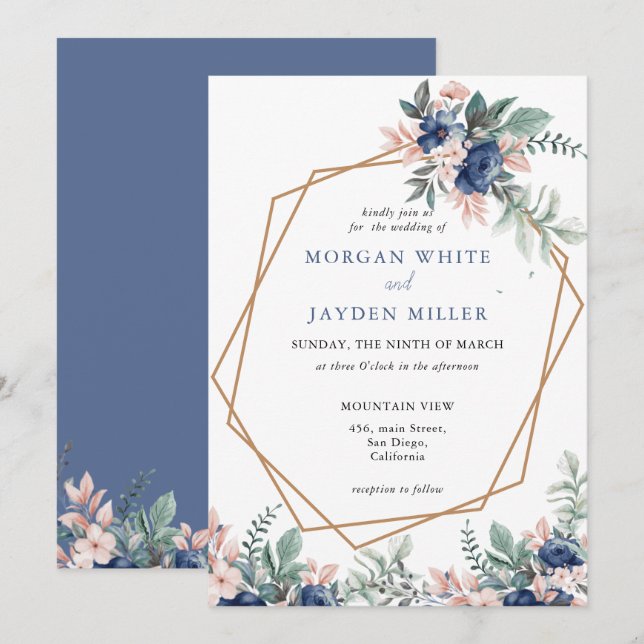 Invitación Boda del marco dorado geométrico con floral azul t (Anverso / Reverso)