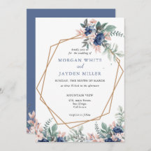 Boda del marco dorado geométrico con floral azul t