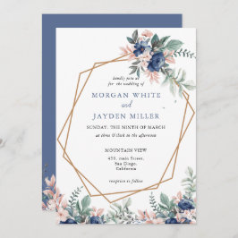 Invitación Boda del marco dorado geométrico con floral azul t