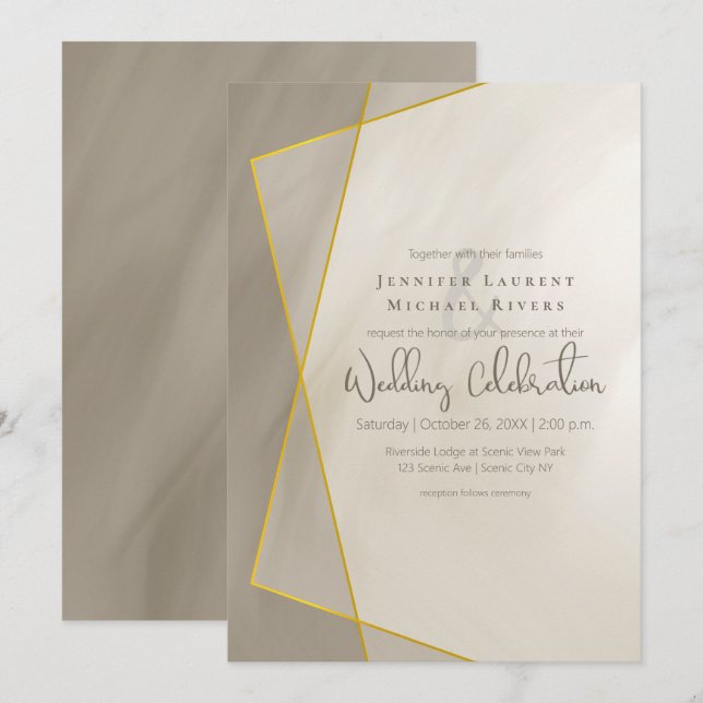 Invitación boda del marco dorado gris antiguo (Anverso / Reverso)