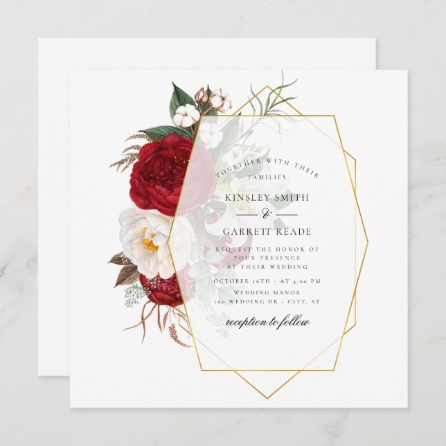 Invitación Boda del marco dorado Peony Bouquet (Anverso / Reverso)