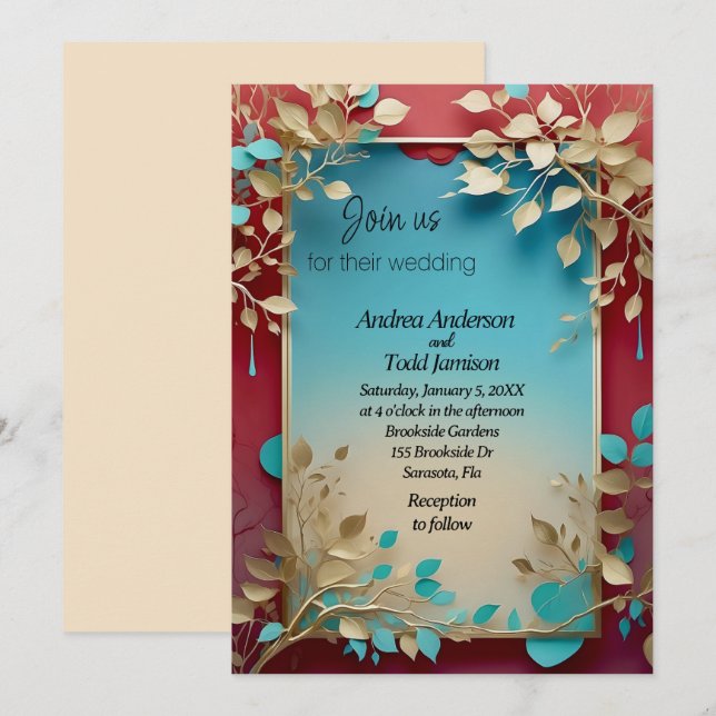 Invitación boda del marco dorado rojo de hojas beige verde az (Anverso / Reverso)