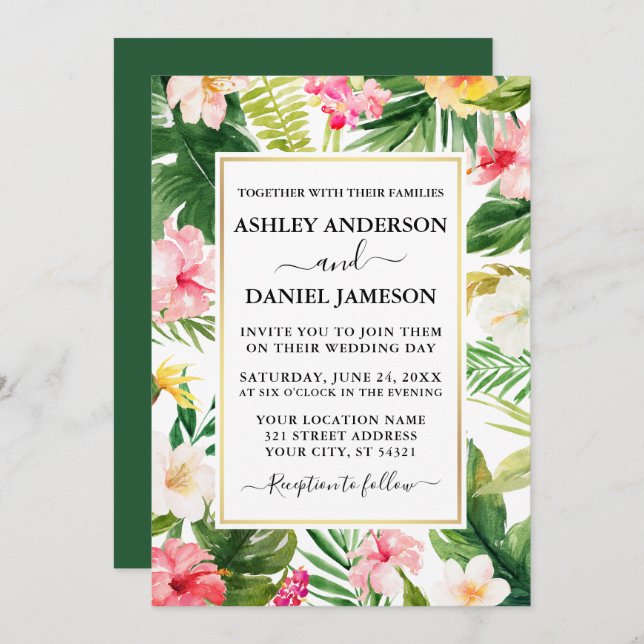 Invitación Boda del marco dorado tropical acuático (Anverso / Reverso)