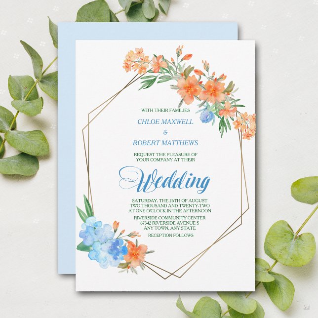 Invitación Boda del marco floral azul claro y de mandarina (Subido por el creador)