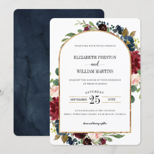 Invitación Boda del marco floral azul de la Marina Roja de Bo