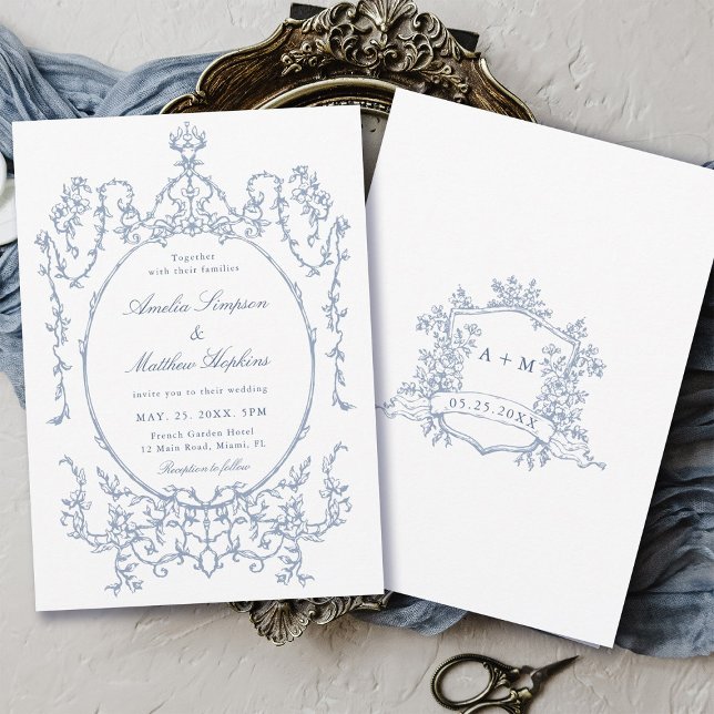 Invitación Boda del marco floral azul y azul oscuro (Front & Back)