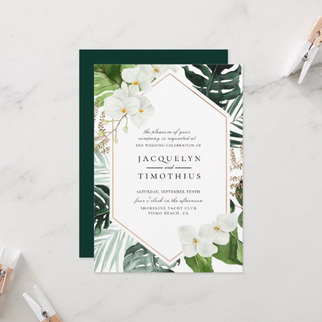 Invitación Boda del marco floral blanco de vegetación tropica (Anverso/Reverso In Situ)