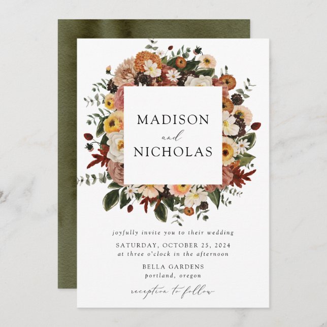 Invitación Boda del marco floral de Boho Autumn (Anverso / Reverso)