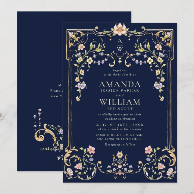 Invitación Boda del marco floral de la Gracia Ornate Victoria (Anverso / Reverso)