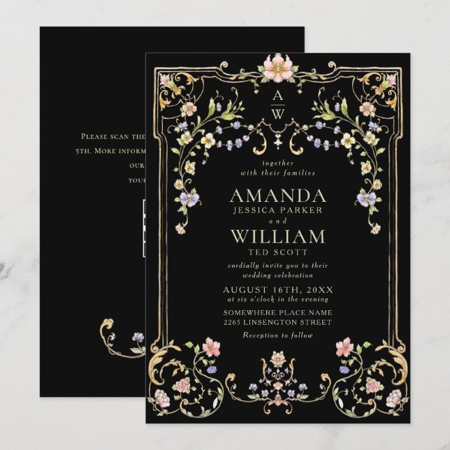 Invitación Boda del marco floral de la Gracia Ornate Victoria (Anverso / Reverso)