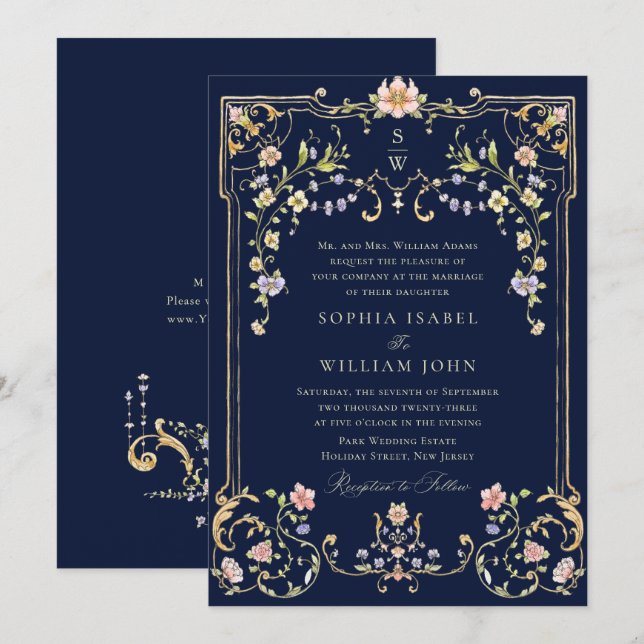 Invitación Boda del marco floral de la Gracia Ornate Victoria (Anverso / Reverso)