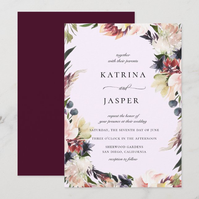 Invitación Boda del marco floral de la pluma de Rubor (Anverso / Reverso)
