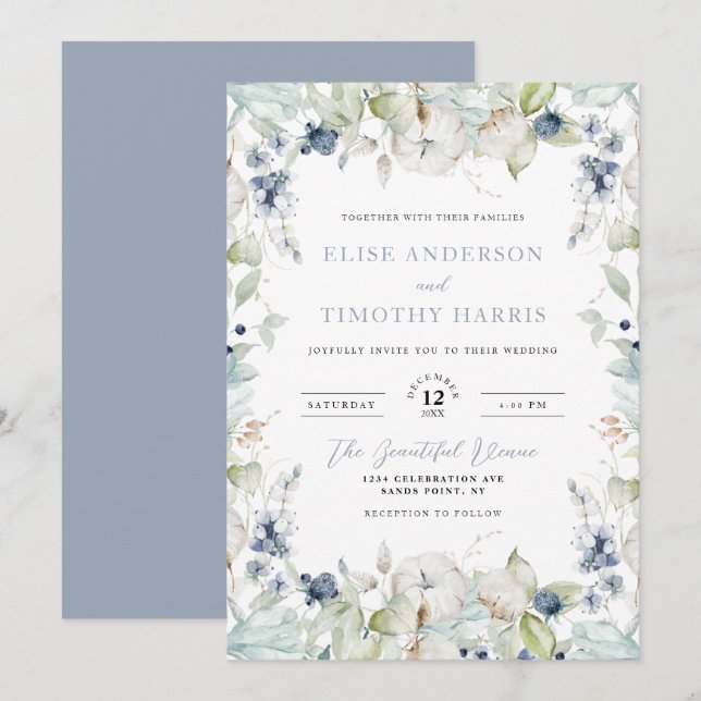 Invitación Boda del marco floral del invierno azul turbio (Anverso / Reverso)