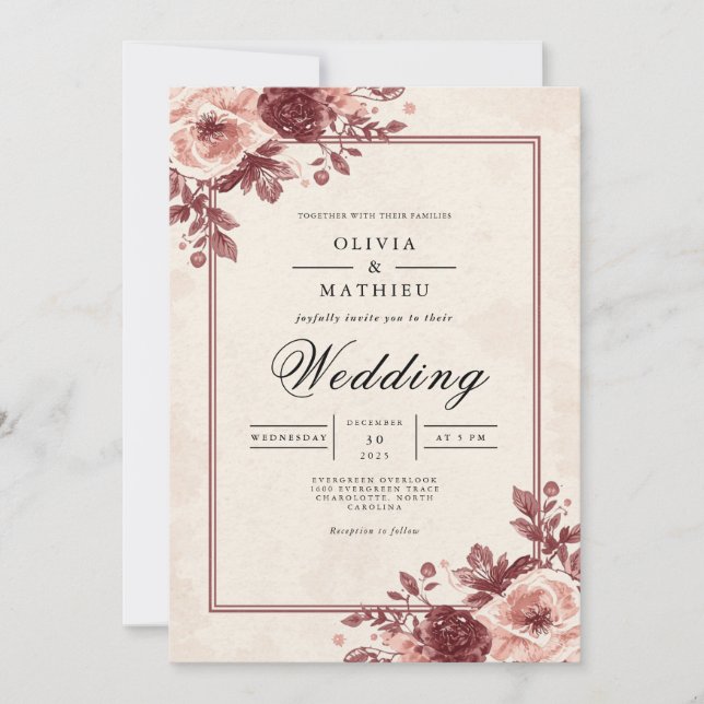 Invitación Boda del marco floral Dusty Mauve (Anverso)