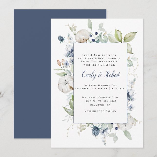 Invitación Boda del marco floral verde gris oscuro del sabio  (Anverso / Reverso)