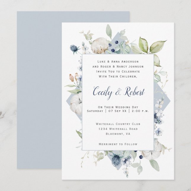 Invitación Boda del marco floral verde gris oscuro del sabio  (Anverso / Reverso)