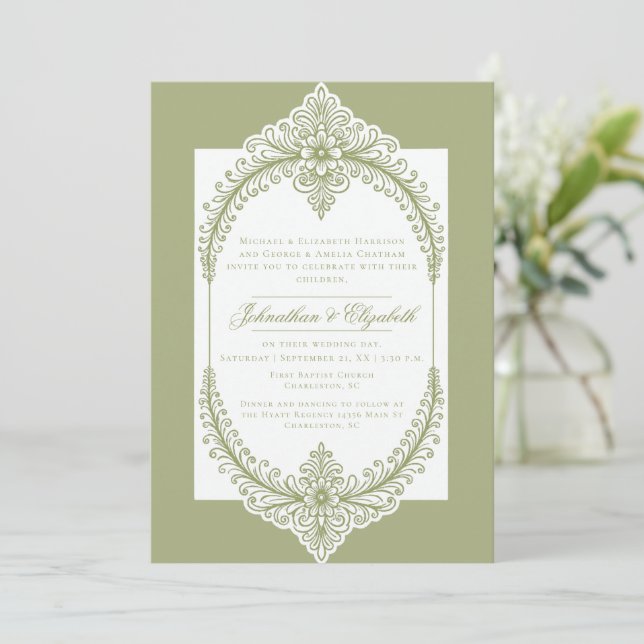 Invitación Boda del marco florido de Olive Green French (Anverso de pie)