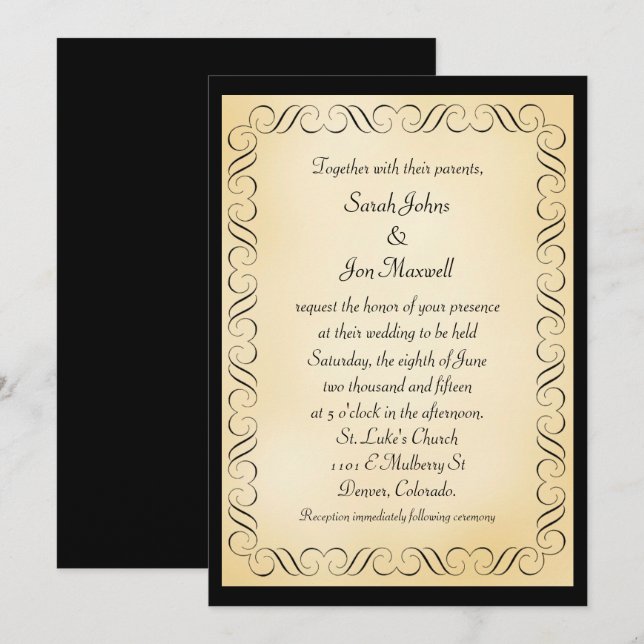 Invitación Boda del marco negro dorado (Anverso / Reverso)