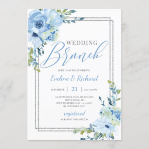 Invitación Boda del marco plateado floral azul polvoriento de