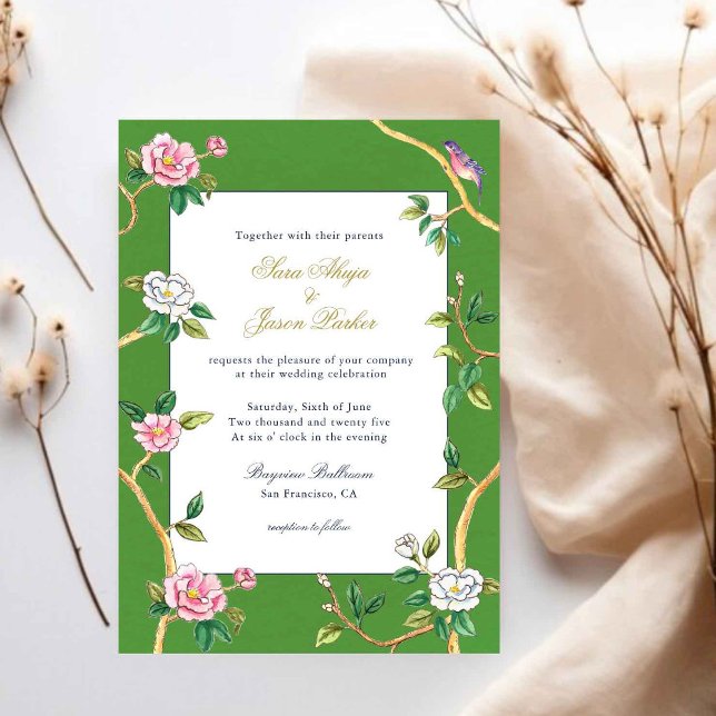 Invitación Boda del marco verde y dorado de Chinoiserie flora (Subido por el creador)