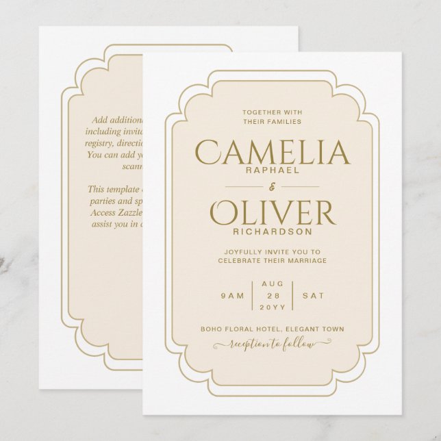 Invitación Boda del mejor monocromo de oro de la crema beige (Anverso / Reverso)
