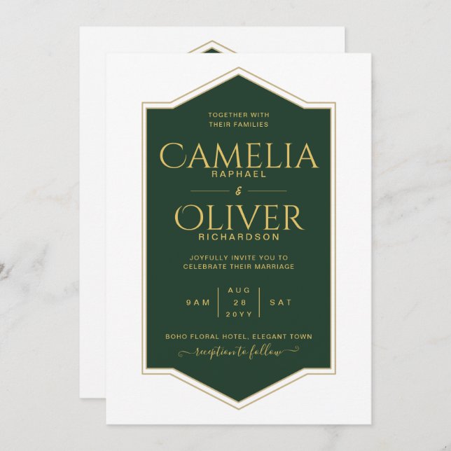 Invitación Boda del mejor monocromo de oro verde esmeralda (Anverso / Reverso)