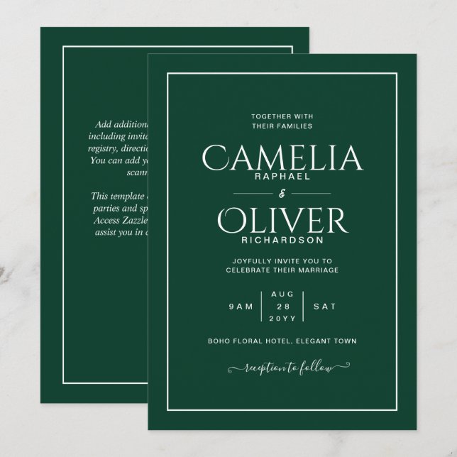 Invitación Boda del mejor MONOCROMO verde esmeralda (Anverso / Reverso)