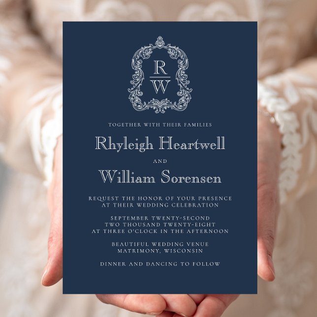 Invitación Boda del Monograma Azul de la Marina Clásica (Subido por el creador)