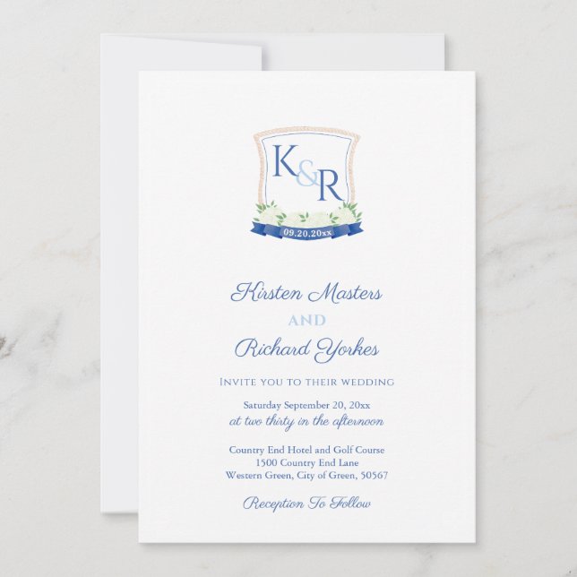 Invitación Boda del Monograma Blanco Azul Náutico Preppy (Anverso)