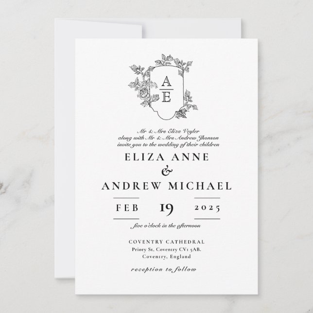 Invitación Boda del Monograma Blanco y Negro Floral (Anverso)