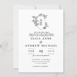 Invitación Boda del Monograma Blanco y Negro Floral